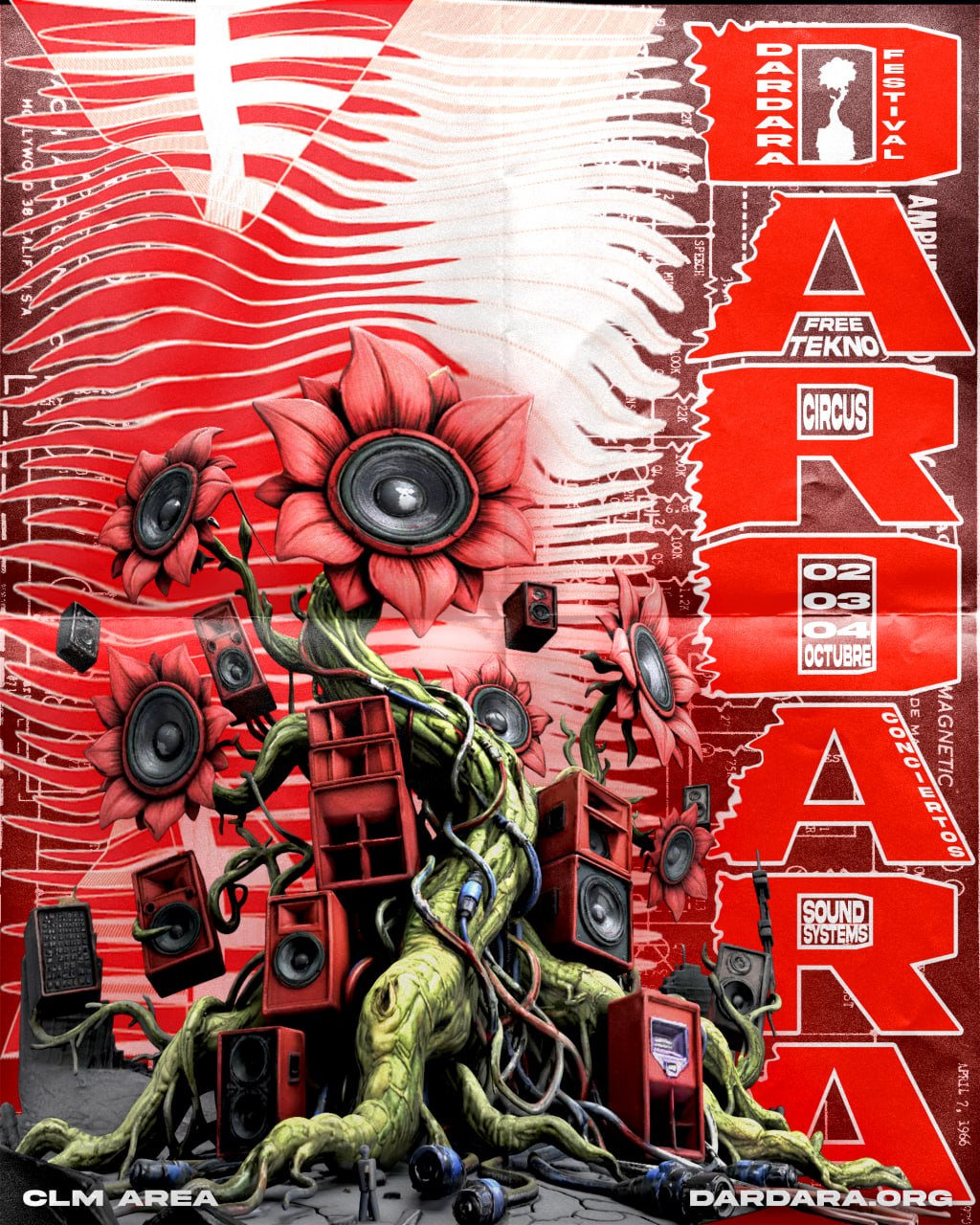 Ilustración de altavoces en forma de flores sobre raíces, arte del cartel de DARDARA Festival